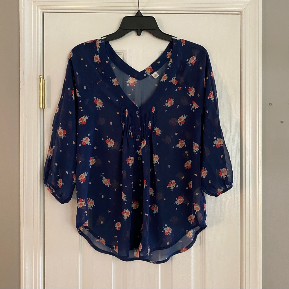 Lauren Conrad Sheer Floral Blouse Navy Blue Pleated Front Women’s XS Puff Sleeve